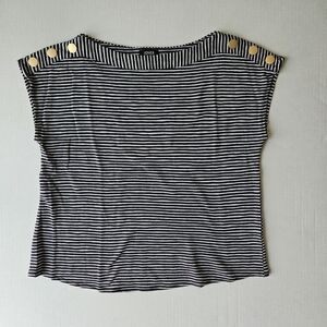 Jones New York Blouse Women's M Striped Cap Sleeve Beach Round Neck Button Top‎